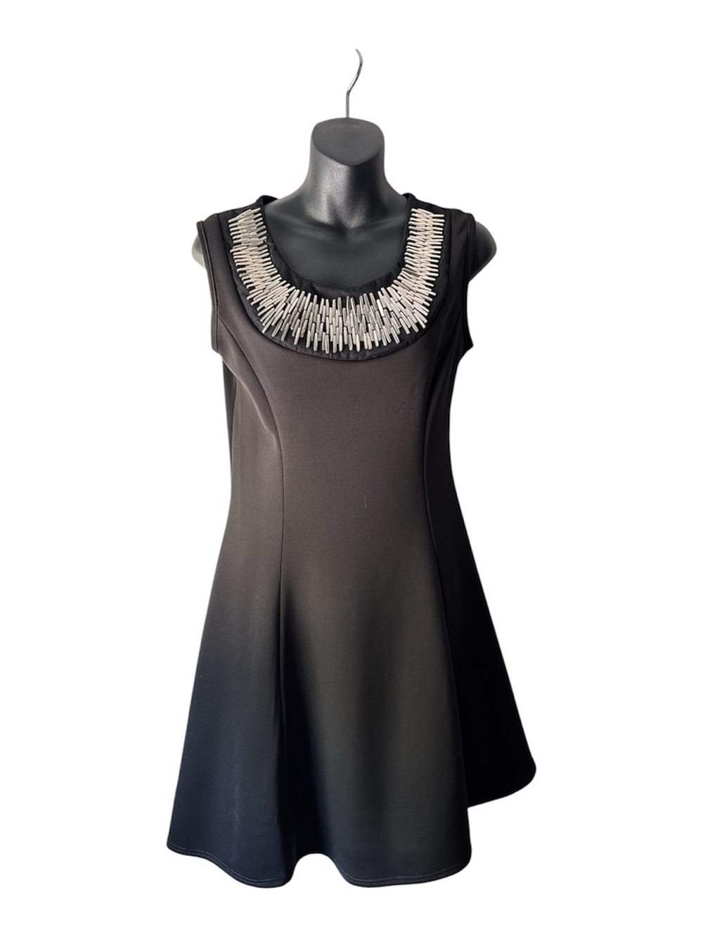 French Atmosphere Black Mini Dress with Silver Beaded Neckline